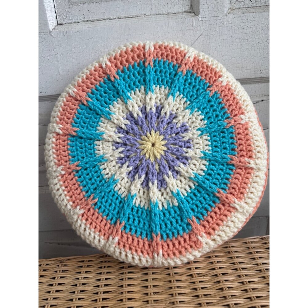 Vintage 70's Round Groovy Crochet Accent Pillow 12" Pastels